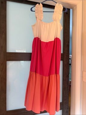 Victoria Dunn Ruffle Strap Dress in White, Pink & Coral